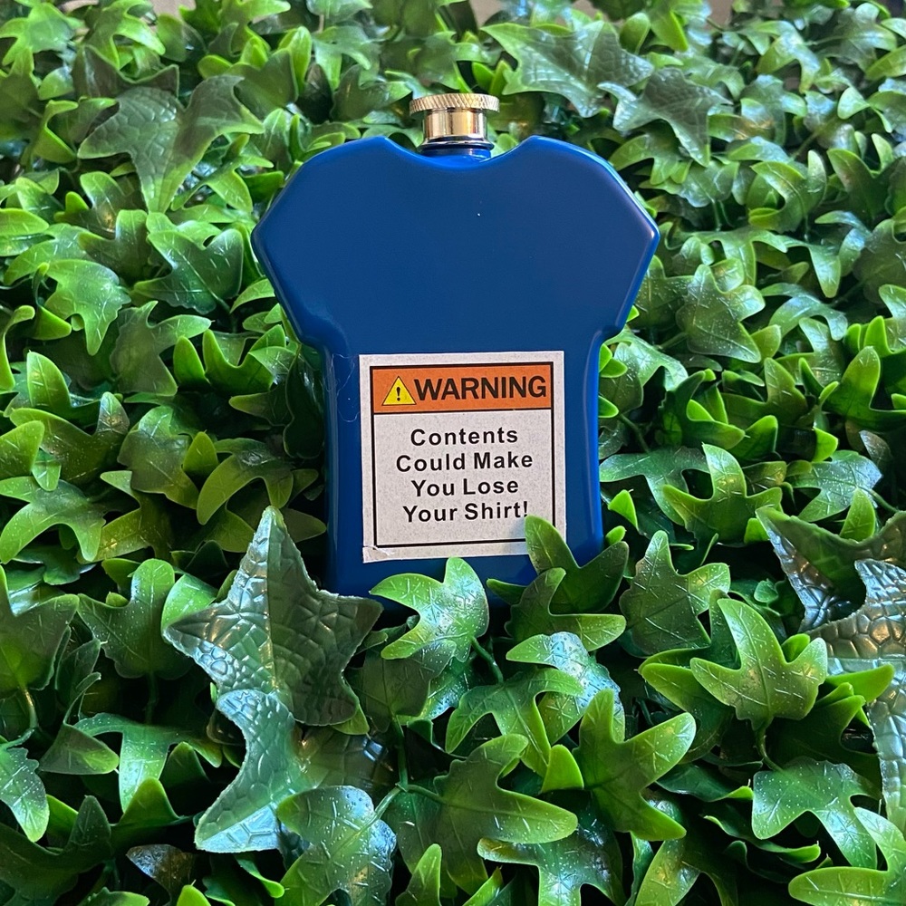 Blue T-shirt-shaped flasks are so fun to store your spirits in.